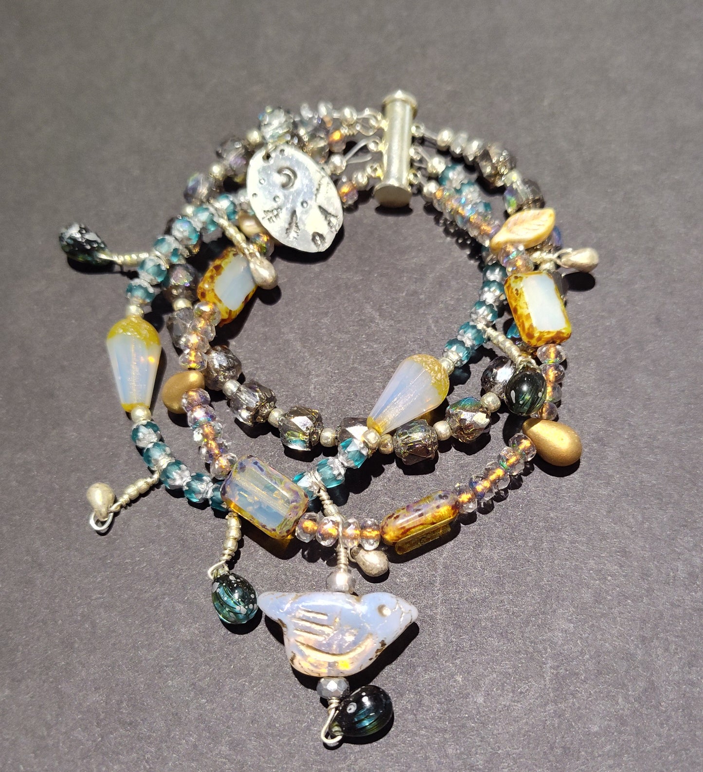 Aqua & Ice triple strand Birdie Bracelet - Goblin's Market - Virginia Burnett