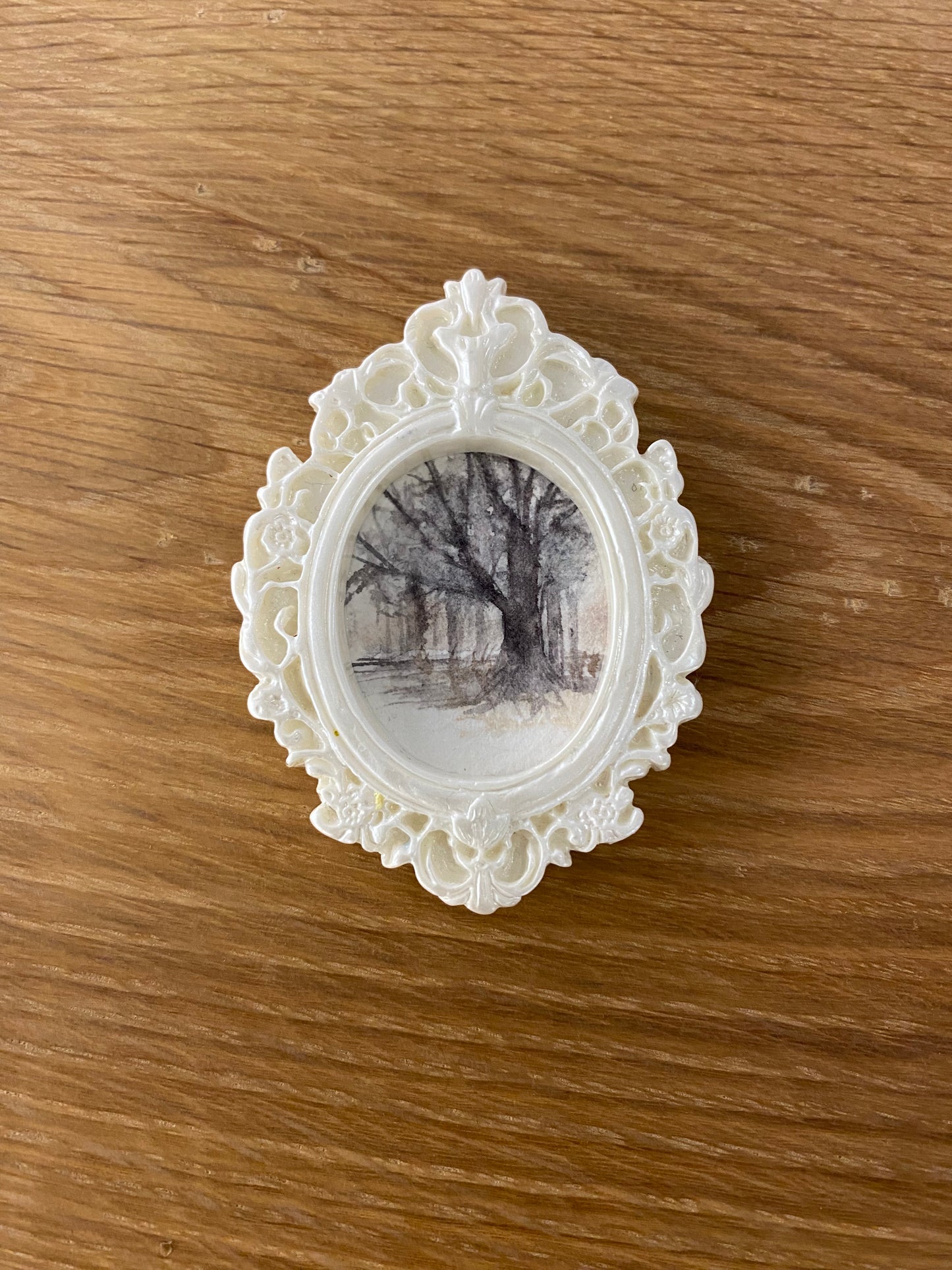 Misty Woods in White Oval Frame by Dominique LaVoie