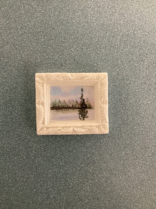 Pine Tree in Front of Pond in White Frame by Dominique LaVoie