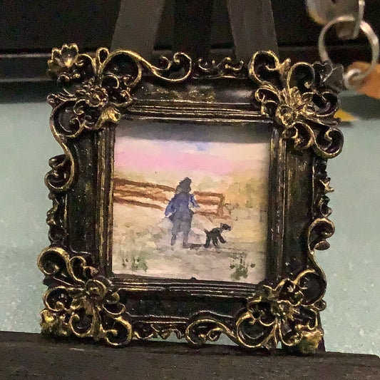 Person w/ Dog Landscape in Black & Gold Frame