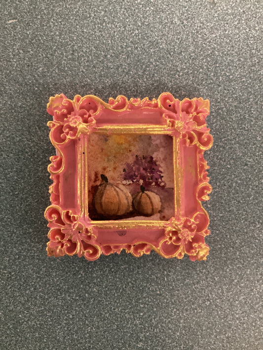 Two Pumpkins/ Mums in Small Pink Frame by Dominique LaVoie