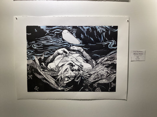 "Watery Grave" Relief Print with Hand Coloring by Zoe Brothers