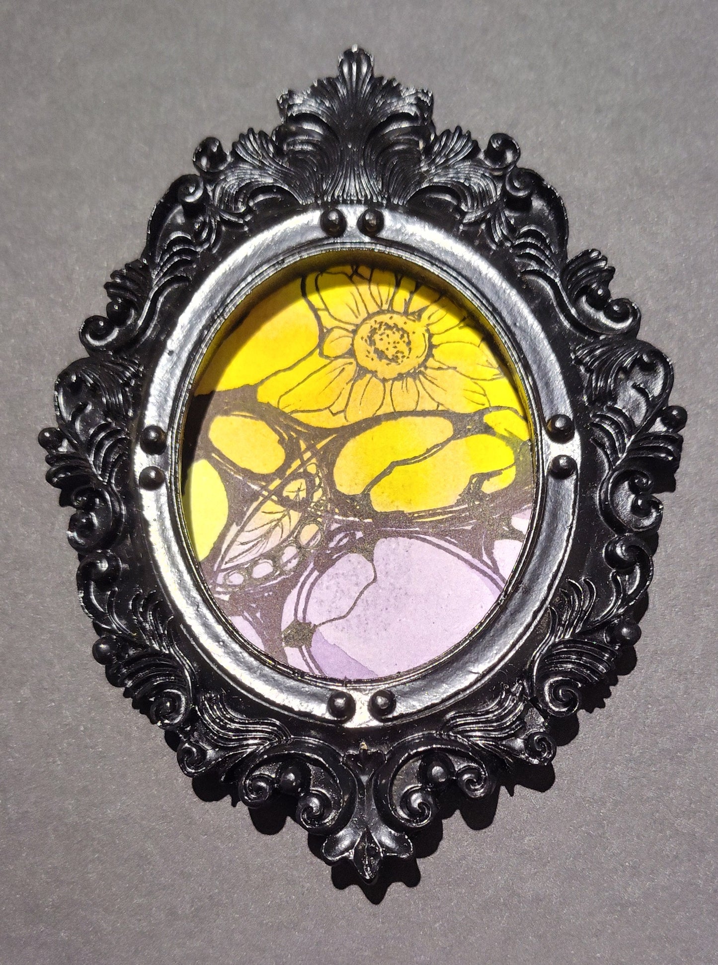 Orange & Purple Abstract Floral in Black Oval frame by Dominique LaVoie