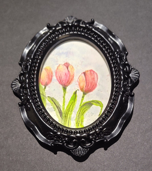Large Coral Tulips in Black Oval frame by Dominique LaVoie