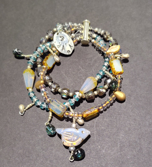 Aqua & Ice triple strand Birdie Bracelet - Goblin's Market  - Virginia Burnett