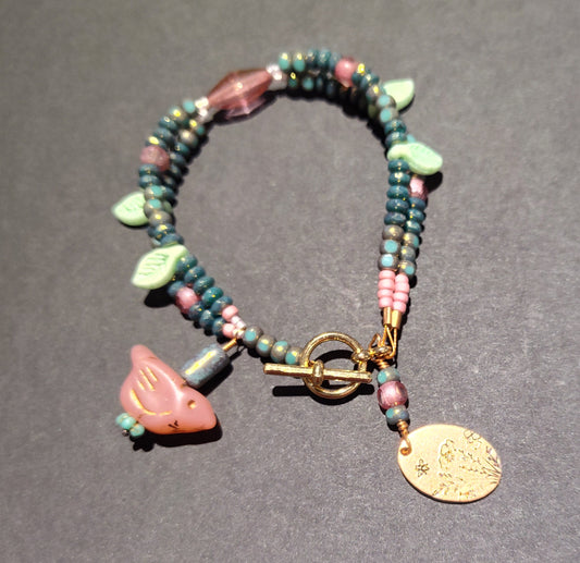Pink & Teal double strand Birdie Bracelet - Goblin's Market  - Virginia Burnett