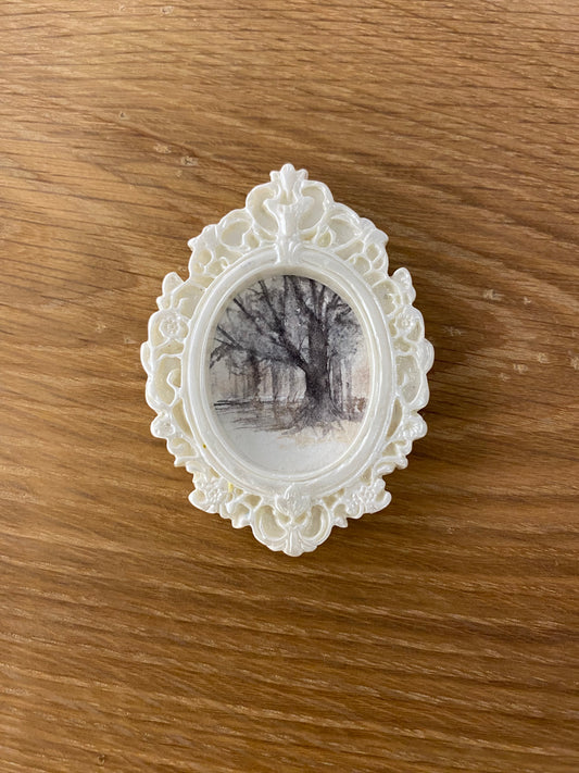 Misty Woods in White Oval Frame by Dominique LaVoie