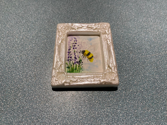 Bee and Purple Flowers with White Frame by Dominique LaVoie