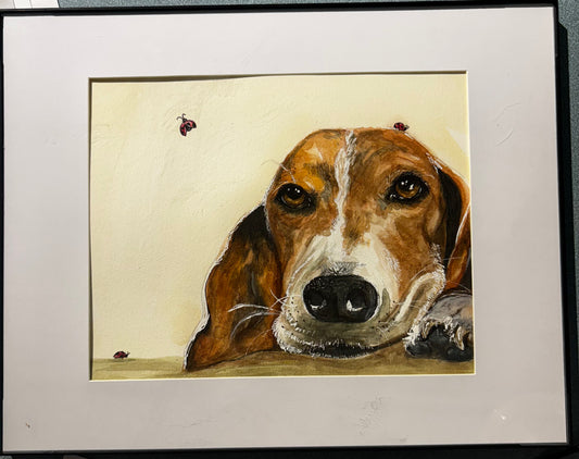 Dog with lady bugs framed painting - Rebecca Jones